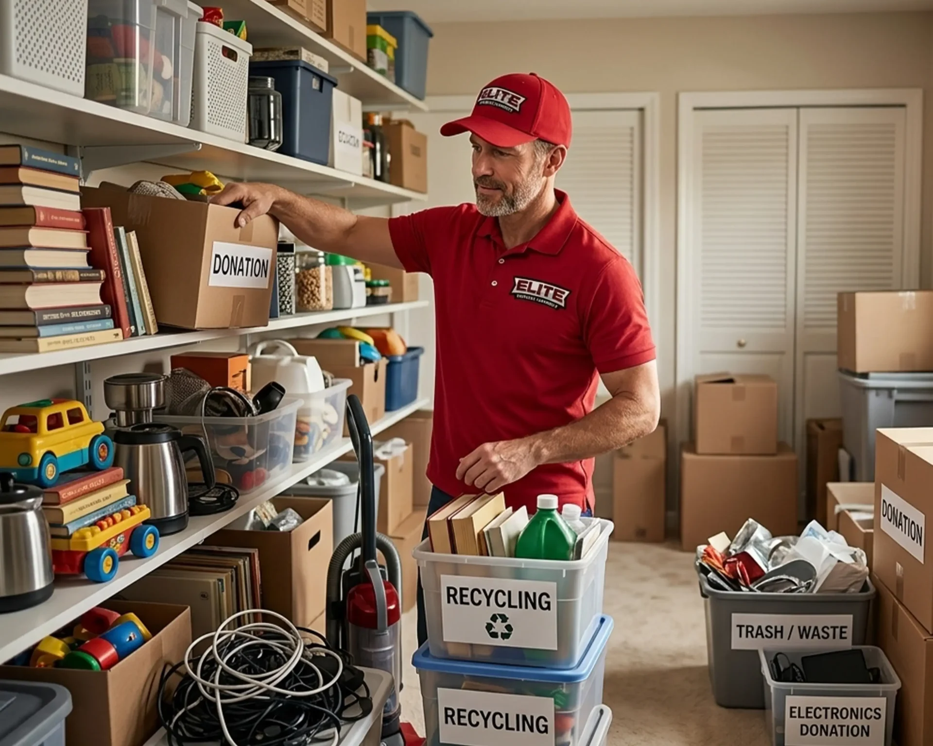 Man in red uniform organizing a storage room filled with labeled boxes for donation, recycling, and trash. Shelves hold books and toys, conveying tidiness.